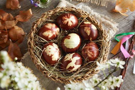 Huevos de Pascua marrones teñidos con cáscaras de cebolla con un patrón de hojas frescas en una canasta 