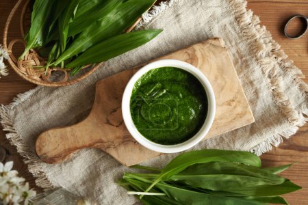 Homemade green pesto sauce made of fresh bear's garlic leaves - wild edible plant harvested in early spring