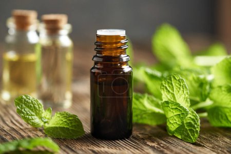 A glass bottle of essential oil with fresh peppermint leaves     