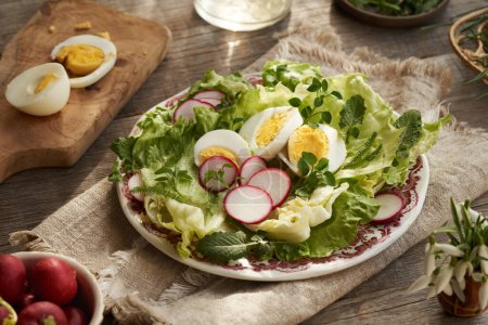 Ensalada de verduras de primavera con huevos y plantas comestibles silvestres frescas - pollito, tiña y milenrama