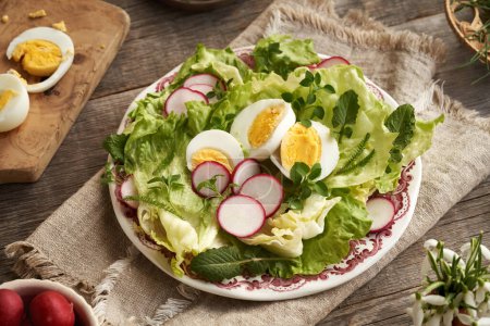 Un plato de ensalada de verduras de primavera con huevos y plantas comestibles silvestres - pollito, milenrama y pezón