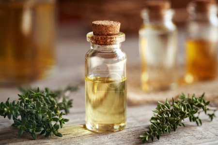 Photo for A transparent bottle of aromatherapy essential oil with fresh thyme twigs on a table - Royalty Free Image