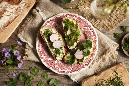Foto de Primavera plantas comestibles silvestres - hierba de cebolla, mostaza de ajo y anciano molido, en rebanadas de pan en un plato - Imagen libre de derechos