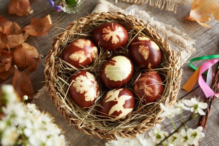 Mit Zwiebelschalen gefärbte braune Ostereier in einem Weidenkorb mit Frühlingsblumen auf einem Holztisch