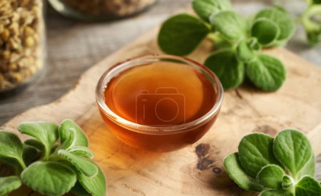 A bowl of homemade Plectranthus amboinicus syrup for common cold, with fresh plant