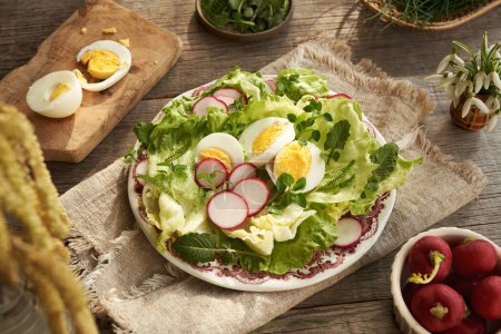 Foto de Un plato de ensalada de primavera con huevos y plantas comestibles silvestres - pollito, pezón y milenrama - Imagen libre de derechos