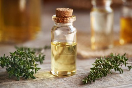 Photo for A bottle of thyme essential oil on a wooden table - Royalty Free Image