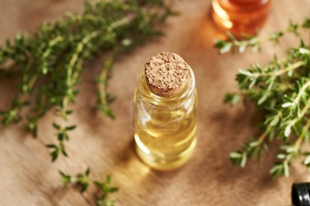 Photo for Thyme essential oil in a glass bottle on a table - Royalty Free Image