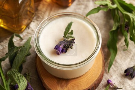 A jar of homemade comfrey root ointment with fresh blooming knitbone plant