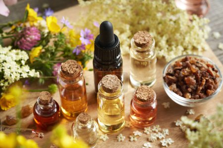 Many bottles of aromatherapy essential oil with myrrh, frankincense and colorful spring flowers on a wooden table