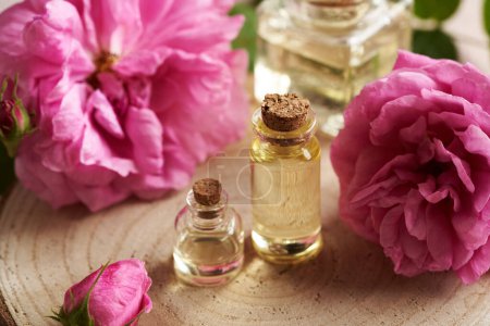 Foto de Two transparent bottles of aromatherapy essential oil with pink Provence rose flowers on a table - Imagen libre de derechos