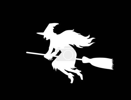 Illustration for Witch rides a broomstick in flight vector silhouette illustration isolated on black. Halloween, bogeyman. Walpurgis night. Black magic lady. Horror and horrible nightmare. Night legend and fairy tale. - Royalty Free Image
