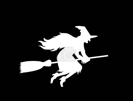 Illustration for Witch rides a broomstick in flight vector silhouette illustration isolated on black. Halloween, bogeyman. Walpurgis night. Black magic lady. Horror and horrible nightmare. Night legend and fairy tale. - Royalty Free Image