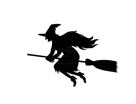 Illustration for Witch rides a broomstick in flight vector silhouette illustration isolated on white. Halloween, bogeyman. Walpurgis night. Black magic lady. Horror and horrible nightmare. Night legend and fairy tale. - Royalty Free Image