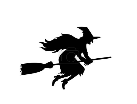 Witch rides a broomstick in flight vector silhouette illustration isolated on white. Halloween, bogeyman. Walpurgis night. Black magic lady. Horror and horrible nightmare. Night legend and fairy tale.