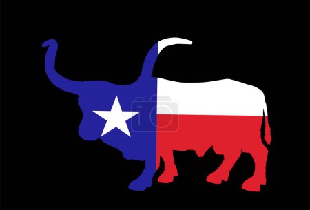 Illustration for Texas flag Bull long horn cattle vector silhouette illustration isolated on black background. Longhorn Texas bull symbol. Powerful animal. Farm herbivore. United States of America country symbol. - Royalty Free Image