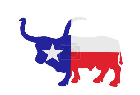 Illustration for Texas flag Bull long horn cattle vector silhouette illustration isolated on background. Longhorn Texas bull symbol. Powerful animal. Farm herbivore. United States of America country symbol. - Royalty Free Image