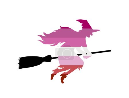 Illustration for Lesbian flag witch rides a broomstick in flight vector silhouette illustration. Halloween, bogeyman. Walpurgis night. Black magic lady. Horror and horrible nightmare. Night legend and fairy tale. - Royalty Free Image