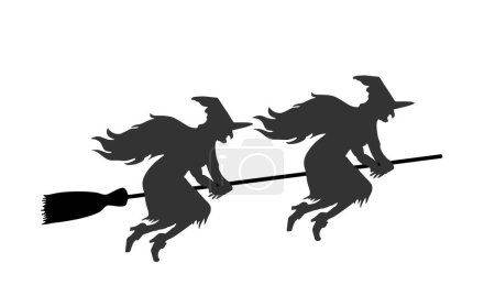 Illustration for Witch couple rides a broomstick in flight vector silhouette illustration isolated on white. Halloween, bogeyman. Walpurgis night. Black magic lady. Horror horrible nightmare. Night legend fairy tale. - Royalty Free Image