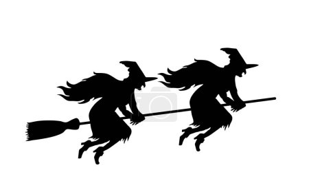 Illustration for Witch couple rides a broomstick in flight vector silhouette illustration isolated on white. Halloween, bogeyman. Walpurgis night. Black magic lady. Horror horrible nightmare. Night legend fairy tale. - Royalty Free Image