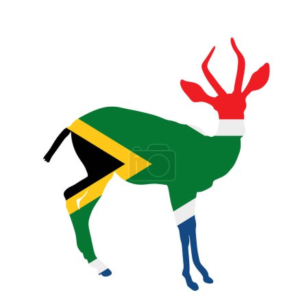 Bandera de Sudáfrica sobre Dorcas gacela vector silueta ilustración aislada sobre fondo blanco. Bandera nacional de símbolos de animales. Atracción del zoológico de África. Invitación emblema de Sudáfrica para el turista.