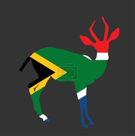 Téléchargez les illustrations : Drapeau sud-africain sur Dorcas gazelle vecteur silhouette illustration isolée sur fond noir. Bannière symbole animal national. L'attraction du zoo d'Afrique. L'emblème de l'Afrique du Sud invite au tourisme. - en licence libre de droit