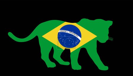 Illustration for Brazil flag over Jaguar vector silhouette illustration isolated on black background. Wild cat, silent predator from South America. Brasil patriotic symbol of national animal. Travel tourism invite. - Royalty Free Image