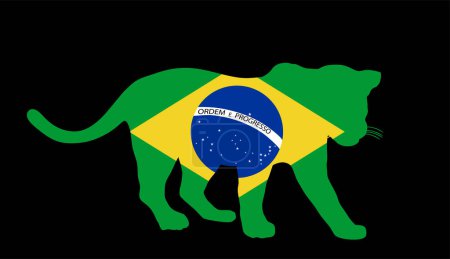 Brasilien Flagge über Jaguar Vektor Silhouette Illustration isoliert auf schwarzem Hintergrund. Wilde Katze, stummes Raubtier aus Südamerika. Brasiliens patriotisches Symbol des Nationaltieres. Reisetourismus lädt ein.