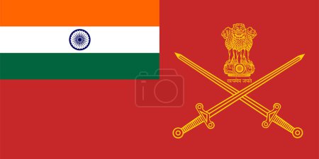 Illustration for India army flag military vector illustration isolated. Proud symbol Indian troops. Emblem national coat of arms soldier troops. Patriotic banner. Air force aviation, navy, ground forces, missiles. - Royalty Free Image