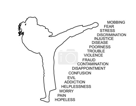 Illustration for Confident woman against problems and stress in life vector silhouette isolated on white. Sport lady wins troubles and challenges. Karate line contour shape power concept. Self defense girl position. - Royalty Free Image