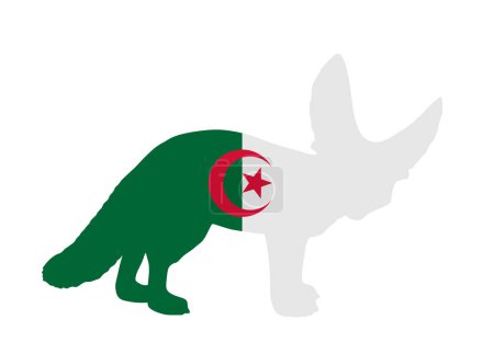Bandera de Argelia sobre Fennec zorro símbolo animal nacional silueta vectorial ilustración aislada sobre fondo blanco. Zorro del desierto emblema patriótico nacional de Argelia. País del norte de África invitan souvenir.