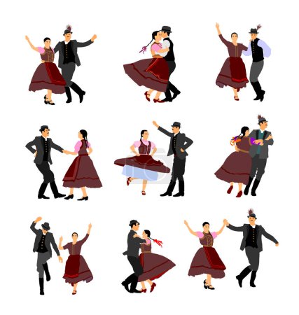 Illustration for Hungarian csardas folk dancer couples in love, vector illustration. German folklore Oktoberfest actors. Austrian traditional wedding culture from East Europe. Balkan dancing. Woman and man festival. - Royalty Free Image