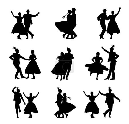 Hungarian csardas folk dancers couple in love vector silhouette illustration. Germany folklore October fest actors. Austrian traditional wedding culture East Europe Balkan dancing. Woman man festival.