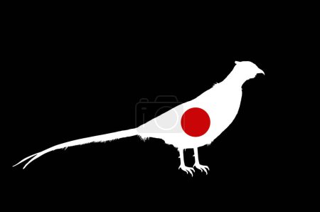 Illustration for Japan flag over pheasant bird national animal vector silhouette illustration isolated on black background. National symbol of country in Asia. The land of the rising sun. East empire. Pheasant shape. - Royalty Free Image