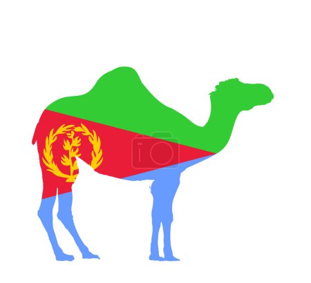 Téléchargez les illustrations : Patriotic Erythrea flag over camel nation animal vecteur silhouette illustration isolé sur fond blanc. Ombre en forme de chameau symbole de l'Érythrée. Etat en Afrique continent. Safari tourisme inviter. - en licence libre de droit