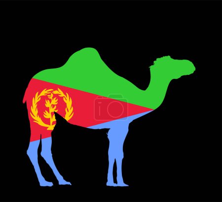 Illustration for Patriotic Eritrea flag over camel nation animal vector silhouette illustration isolated on black background. Camel shape shadow  symbol of Eritrea. State in Africa continent. Safari tourism invite. - Royalty Free Image