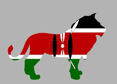 Illustration for Kenya flag over lion animal vector silhouette illustration isolated on background. Lion shape shadow national animal symbol of Kenya. State in Africa continent. Safari tourism invite. - Royalty Free Image