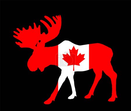 Illustration for Patriotic emblem Canada flag over Moose deer vector silhouette illustration isolated on black background. Elk buck powerful deer antlers. Canadian national symbol. Souvenir mascot North America state. - Royalty Free Image