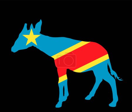 Illustration for Democratic republic Congo flag over Okapi national animal vector silhouette illustration isolated on black background. National symbol of Africa country wild life. Patriotic invite for safari tourism. - Royalty Free Image