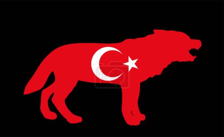 Illustration for Turkey flag over wolf animal vector silhouette illustration isolated on black background. Predator animal with open jaws. Turkish national symbol star half moon. Tourist invite Asia and Europe travel. - Royalty Free Image