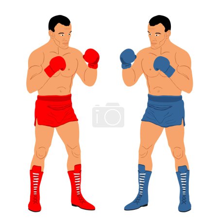Téléchargez les illustrations : Boxers in ring duel vector illustration isolated on white background. Strong fighter direct kick. Sportsman on training sparing. Martial skills demonstration. Boxing sport event. Tough man battle. - en licence libre de droit