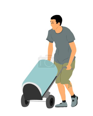 Illustration for Delivery man carrying barrel of goods by cart vector illustration. Post man with package. Distribution storehouse. Boy holding heavy load for moving service. Handy man move action. Hand transportation - Royalty Free Image