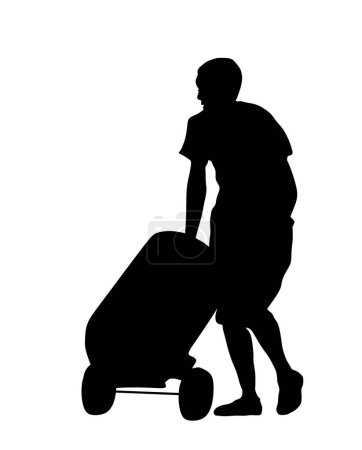 Illustration for Delivery man carrying barrel of goods by cart vector silhouette. Post man with package. Distribution storehouse. Boy holding heavy load for moving service. Handy man move action. Hand transportation - Royalty Free Image