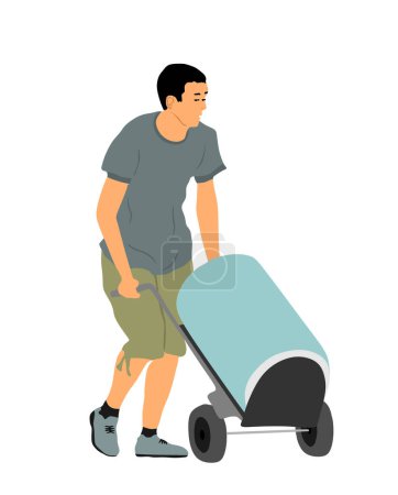 Illustration for Delivery man carrying barrel of goods by cart vector illustration. Post man with package. Distribution storehouse. Boy holding heavy load for moving service. Handy man move action. Hand transportation - Royalty Free Image