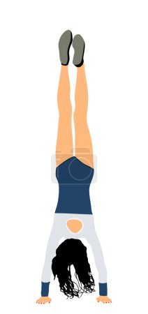 Téléchargez les illustrations : Girl doing cartwheel exercise. Sport woman acrobat figure in handstand position vector illustration. Standing on hand pose. Hand stand lady acrobatics street athlete performer. Stunt in circus skills. - en licence libre de droit
