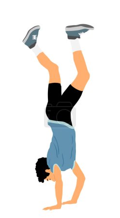 Téléchargez les illustrations : Young man doing cartwheel exercise. Sportsman acrobat boy in handstand position vector illustration. Standing on hand pose. Hand stand acrobatics street athlete performer. Stunt in circus skills. - en licence libre de droit