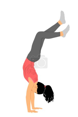 Téléchargez les illustrations : Girl doing cartwheel exercise. Sport woman acrobat figure in handstand position vector illustration. Standing on hand pose. Hand stand lady acrobatics street athlete performer. Stunt in circus skills. - en licence libre de droit