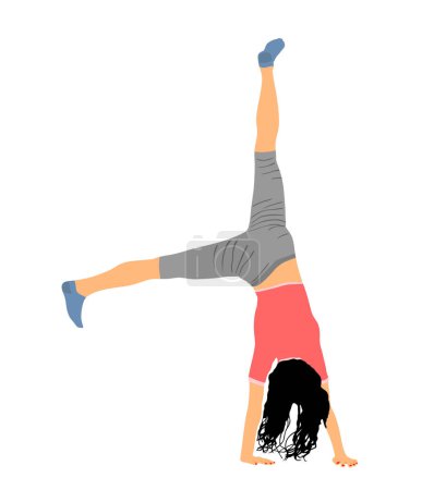Illustration for Girl doing cartwheel exercise. Sport woman acrobat figure in handstand position vector illustration. Standing on hand pose. Hand stand lady acrobatics street athlete performer. Stunt in circus skills. - Royalty Free Image