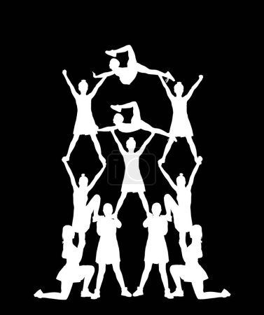 Illustration for Cheerleader dancer figure vector silhouette illustration isolated on black. Cheer leading girl sport support. High school, collage cheer leading woman. Gymnastic lady pose perform. Energy dance fan. - Royalty Free Image