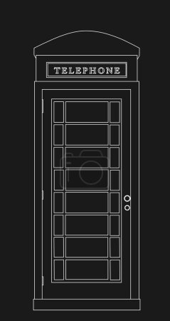 Illustration for London phone booth vector illustration isolated on black background. Street telephone box, Great Britain symbol. British red cabin line contour. Public communication, traditional England architecture. - Royalty Free Image